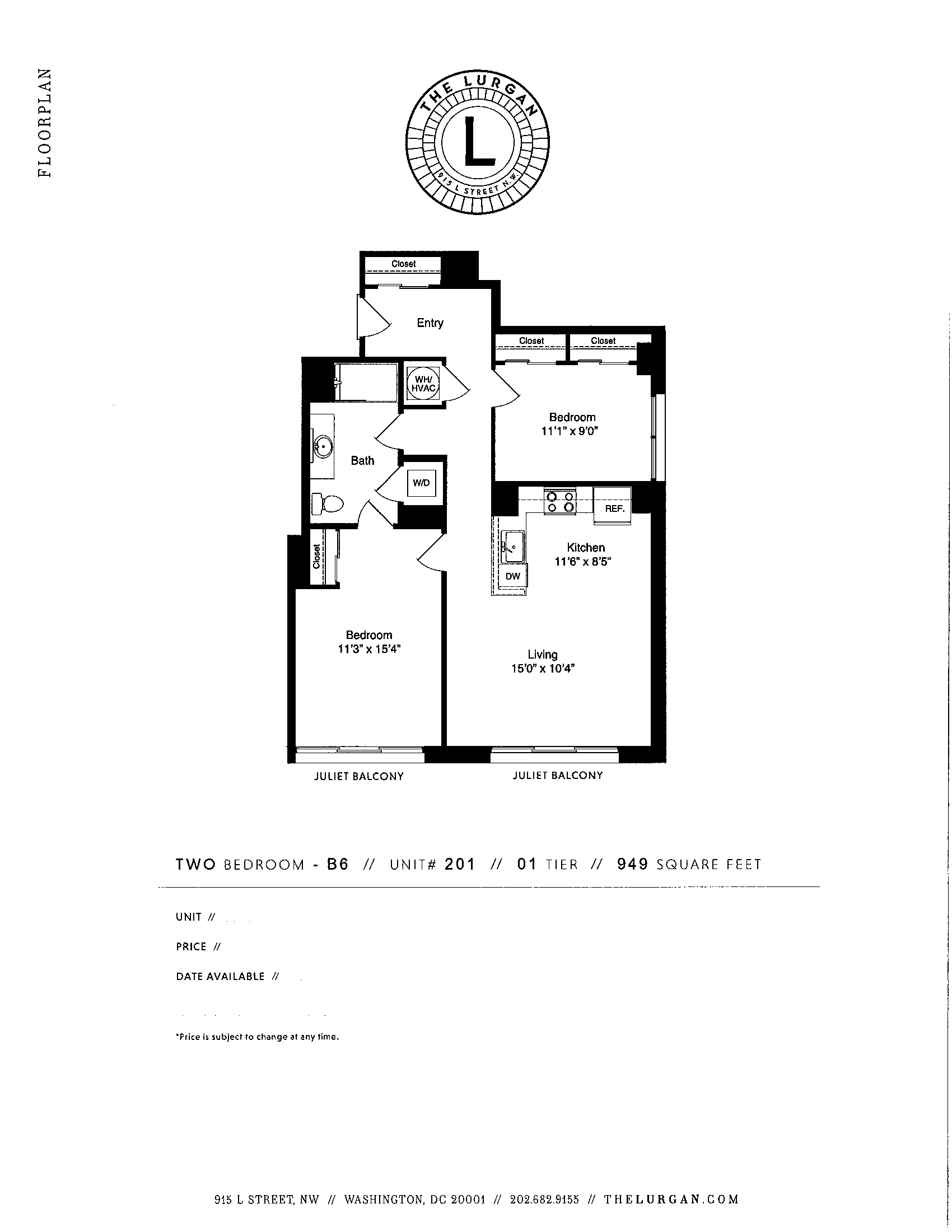 Floor plan for 2 beds, 1 bath, 949 sqft